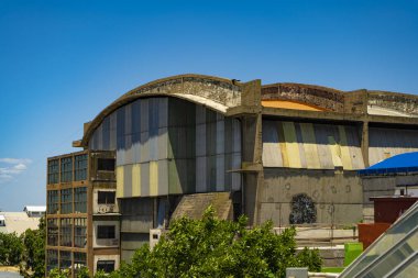 Buenos Aires, Arjantin - 11 / 23 / 2019: Buenos Aires 'in turistik ikonu La Boca ilçesinin hava manzarası