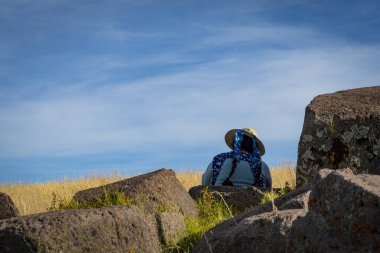 Hatuncolla, Puno Region, Peru - 06 / 01 / 2019: Sillustani Mezarlığındaki yerli kadın