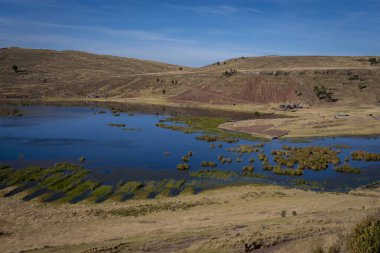 Sillustani Mezarlığı 'ndan Umayo Gölü manzarası, Hatuncolla, Puno Bölgesi, Peru,