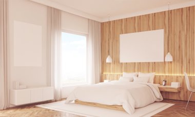 Raflı güneşli yatak odasının köşe görünümü