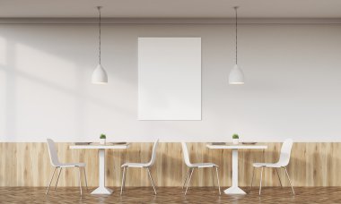 Retro tasarımlı aile kafe iç, tablolar, sandalyeler ve beyaz duvara dikey poster. Aile yemeği konsepti. 3d render. Alay etmek. 