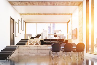 Büyük masa, sandalye, masaj koltuğu, tv seti ve duvarda resimleri ile modern binada Ceo ofis iç. İş ve iş kavramı. 3d render. Tonlu görüntü