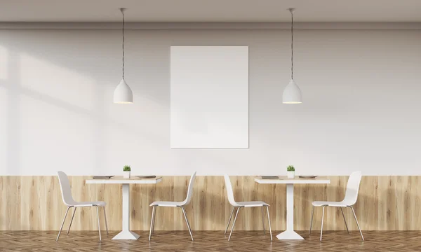 Οικογενειακό καφέ εσωτερικό με ρετρό σχεδιασμό, τραπέζια, καρέκλες και κάθετη αφίσα στο λευκό τοίχο. Η ιδέα του οικογενειακού δείπνου. απόδοση 3D. Μακέτα. — Φωτογραφία Αρχείου