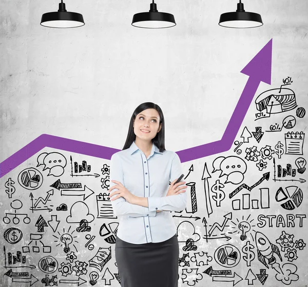 Dreamy girl with purple graph on concrete wall — Stock Photo, Image