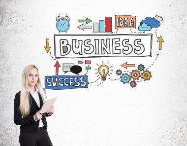 Dizüstü bilgisayar ve renkli iş kroki ile Sarışın iş kadını