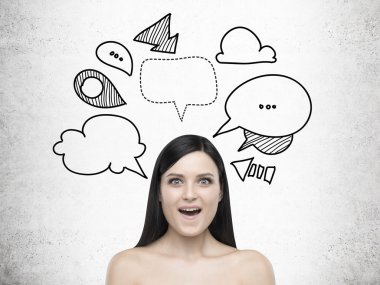 Beton duvar hayran kadın ve diyalog kutuları