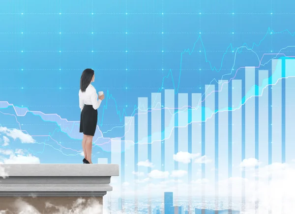 Woman with coffee on rooftop examining stats — Stock Photo, Image