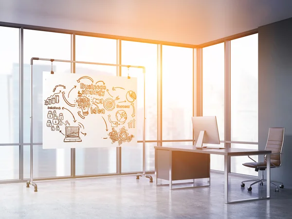 Sunlit CEO office with whiteboard and sketch — Stock Photo, Image