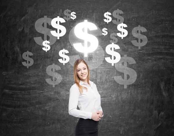 Girl with blond hair near blackboard with dollar signs — Stock Photo, Image