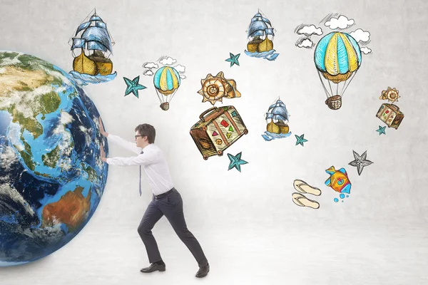 Businessman pushing globe near travelling sketch — Stock Photo, Image