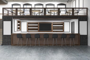 Bar masası olan pub, iki katlı, beyaz duvarlarda posterler ve raflarda alkol olan şişe sıraları. Parti kavramı. Dalga geç. 3d render