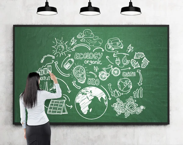 Woman drawing renewable energy sources sketches at blackboard — Stockfoto