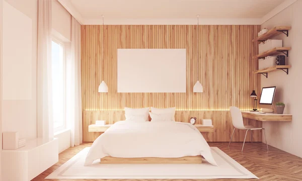 Sunlit bedroom with shelves