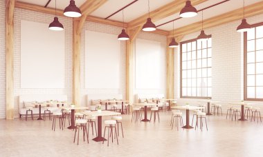 Kare tablolarla güneşli Restoran