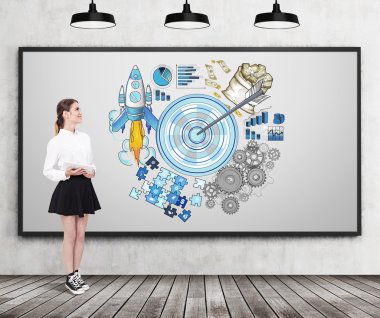 Woman in wide skirt and target sketch