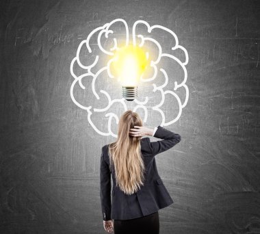 Woman scratching head and light bulb with brain