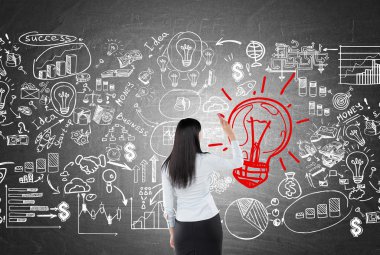 Woman drawing red light bulb with business icons
