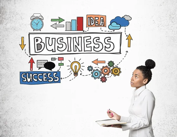 African girl with notebook with business sketches — Stock Photo, Image