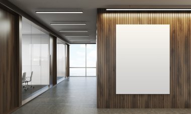 Şirket ahşap duvarlar, dikey poster ve konferans odası cam duvarlı koridor. 3D render. Kadar alay et. Tonlu görüntü