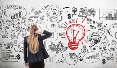 Woman scratching head and light bulb with business icons