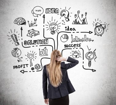Woman scratching head and startup sketch