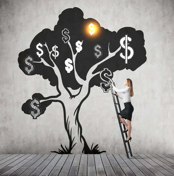 Woman climbing dollar tree — Stock Fotó