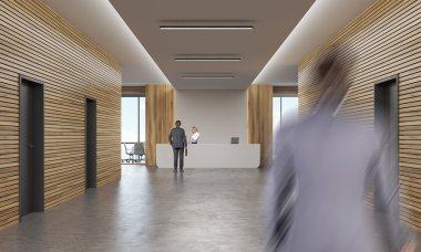 İnsanlar Resepsiyon sayacı ile office koridorda