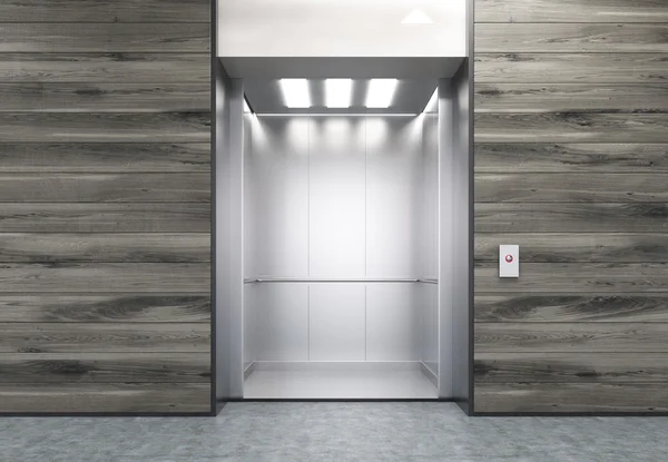 Open elevator in wooden wall — Stock Photo, Image