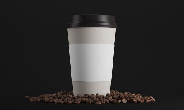 Paper cup of coffee with holder surrounded by beans and standing