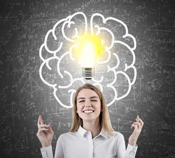 Woman with crossed fingers and light bulb with brain and formula — Stockfoto