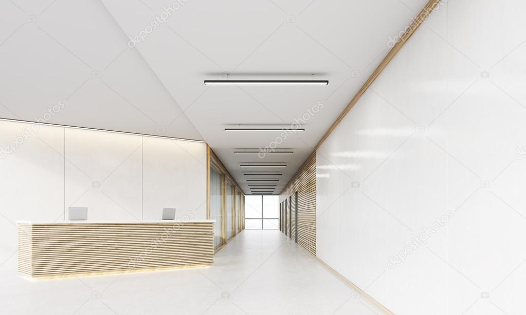 Reception desk in long corridor