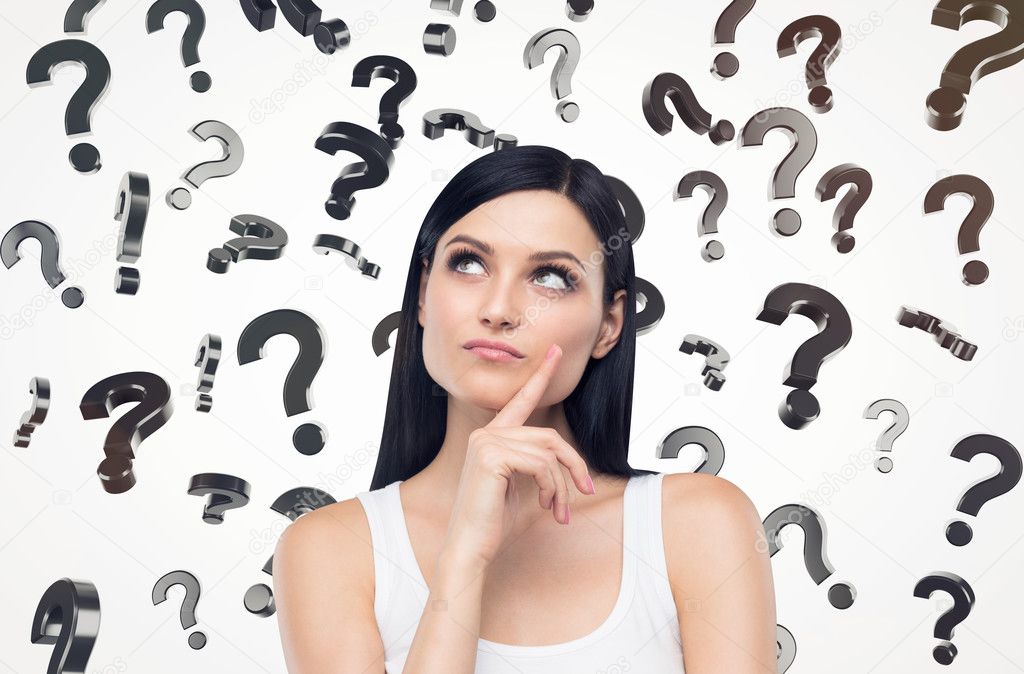 Close up of a girl in white tank top and question marks