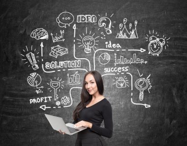 Bilgisayar ve yazı tahtası simgeleri ile kız