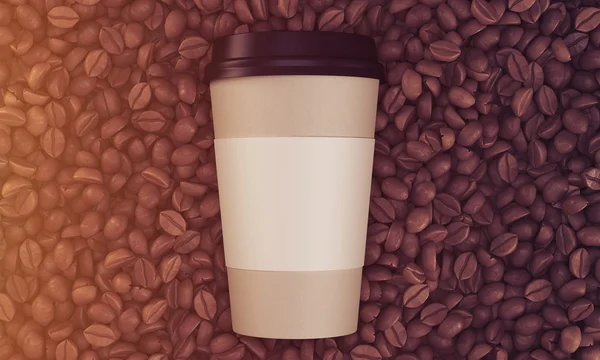 Vista superior de xícara de papel de café em seus grãos, tonificado — Fotografia de Stock