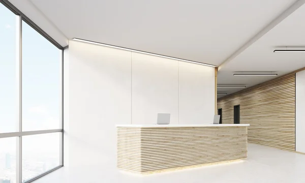 Side view of reception counter in office corridor with wooden el