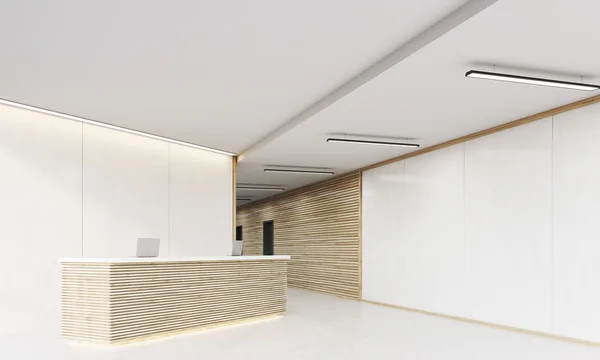 Reception counter in office corridor with wooden elements