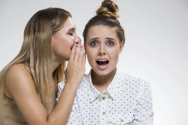 Duas meninas fofocando, uma está apavorada — Fotografia de Stock