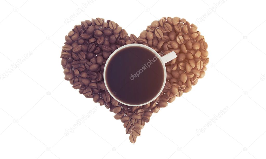 Cup of coffee on coffee beans, toned
