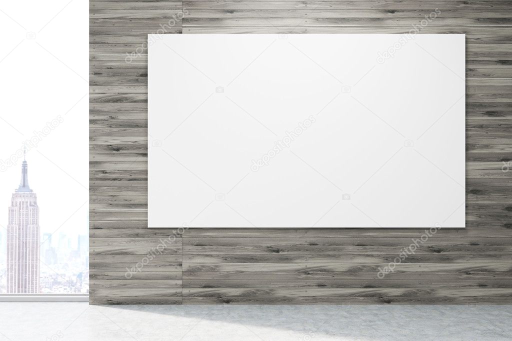 Horizontal poster on dark wood wall in New York