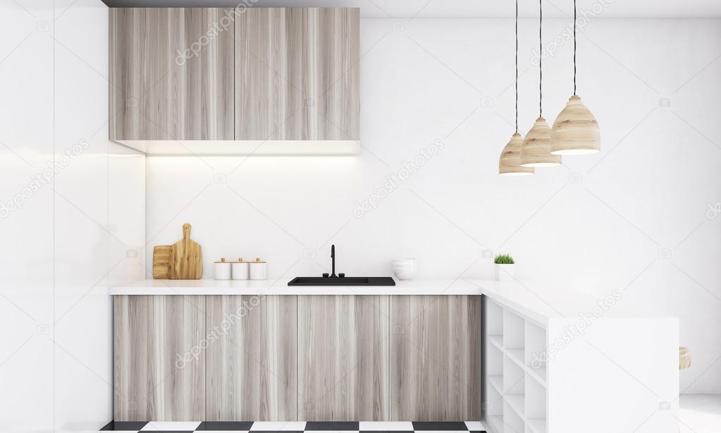 Close up of light wood kitchen counter on a brigth day