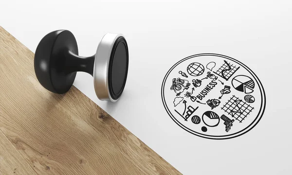 Black stamp and business sketch on light wood — Stock Photo, Image