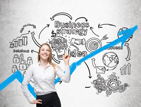 Businesswoman with blond hair and business strategy icons — Stock Photo, Image