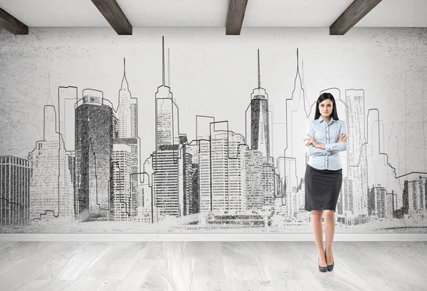 Woman and city panorama sketch on concrete wall — Stock Photo, Image