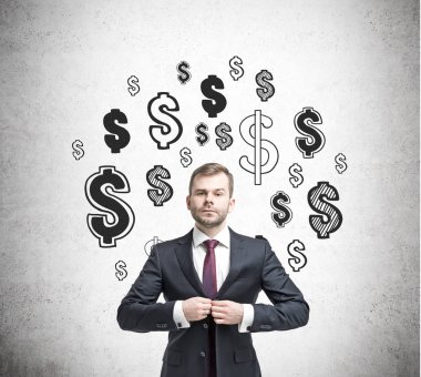 Onun yelek ve Doları çizimler kadar düğmelerini işadamı