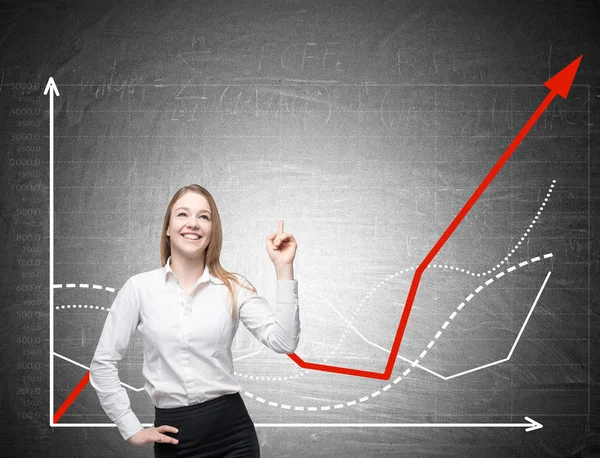 Woman with finger in the air and graphs — Stock Photo, Image