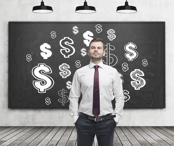 Confident businessman and dollar signs — Stock Photo, Image