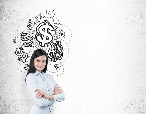 Girl with black hair and shiny dollar signs — Stock Photo, Image