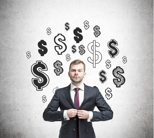 Businessman buttoning his vest and dollar sketches — Stock Photo, Image