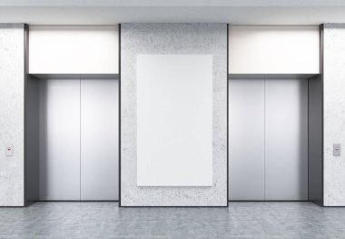 Beton duvarlar ve poster ile koridorda iki kapalı asansörler