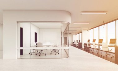 Office ile köşeleri yuvarlatılmış konferans salonu, tonda önden görünümü